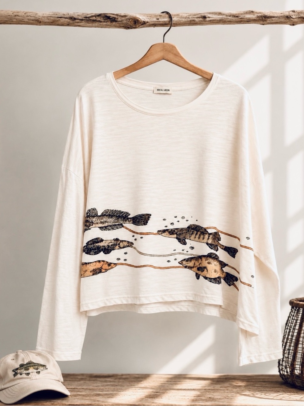 Rare Krista Larson Textured Fish Embroidered Cotton Dolman Crop Top Oversized